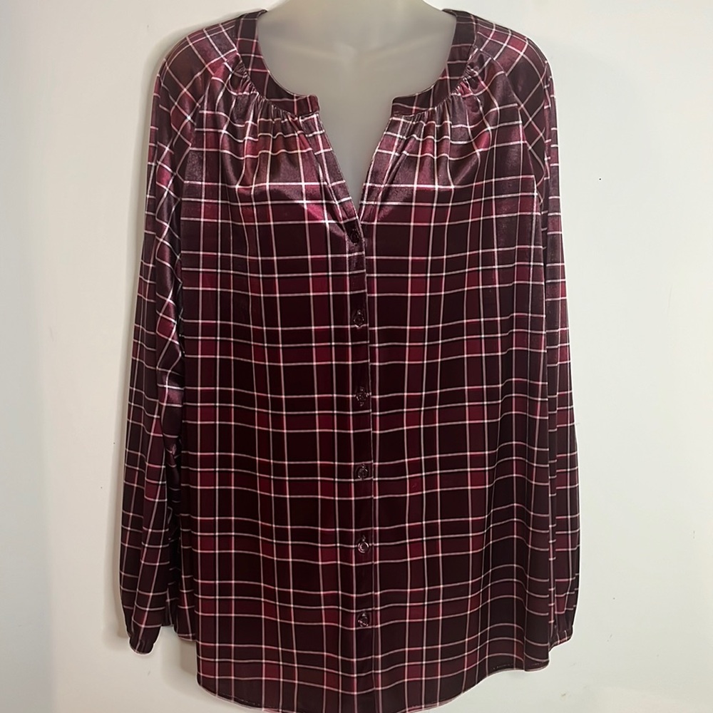 Chico's Burgundy Windowpane Plaid Velvet Button-Down Blouse Long Sleeve Size L